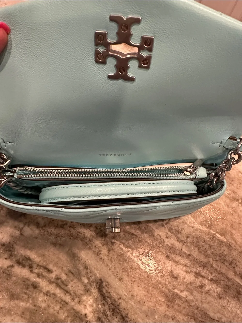 Tory Burch Kira Chevron Crossbody Chain Wallet WOC Light Celeste NWOT